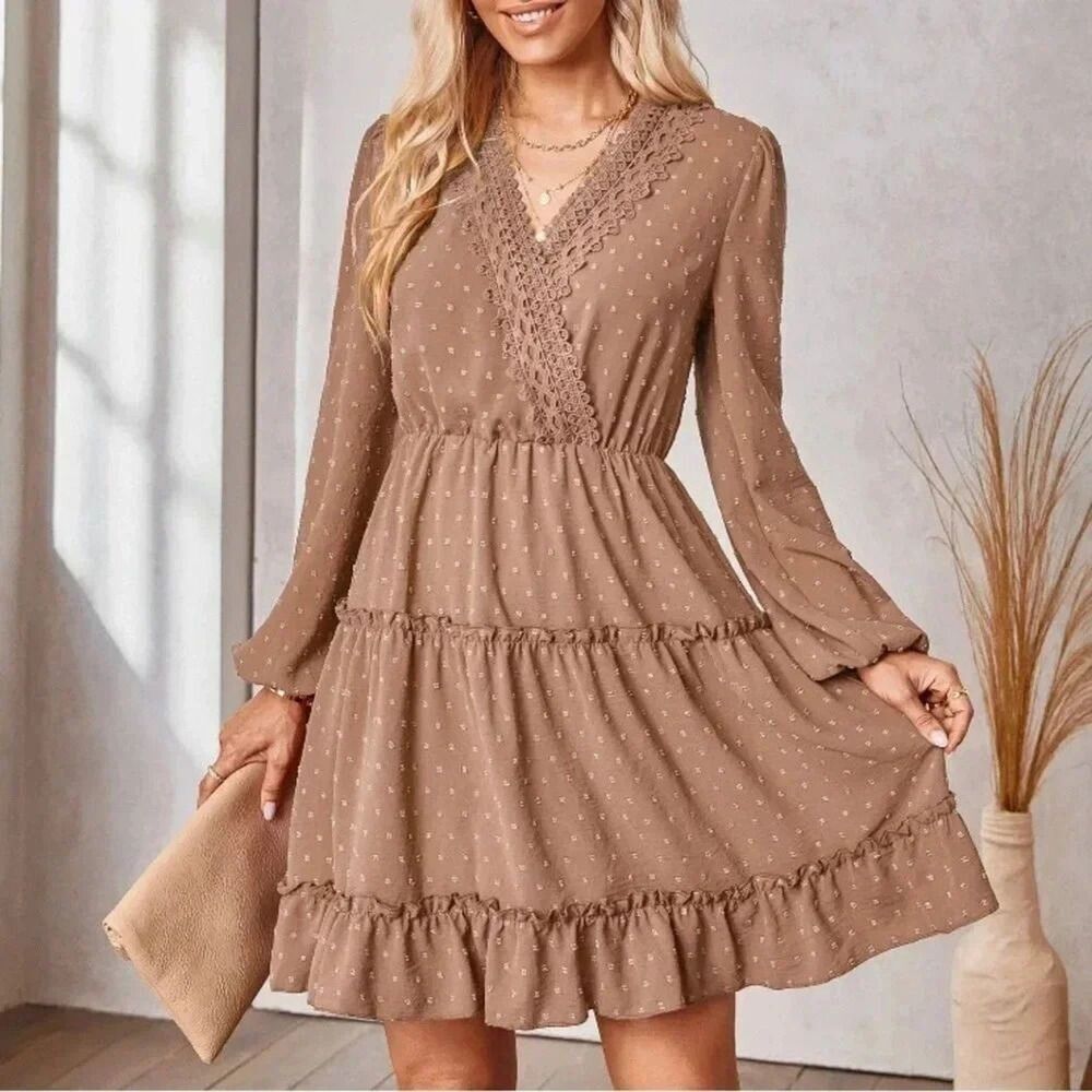 New Boho Swiss Dot Lace Trim Tiered Mini Dress Beige Size Large - Picture 2 of 5